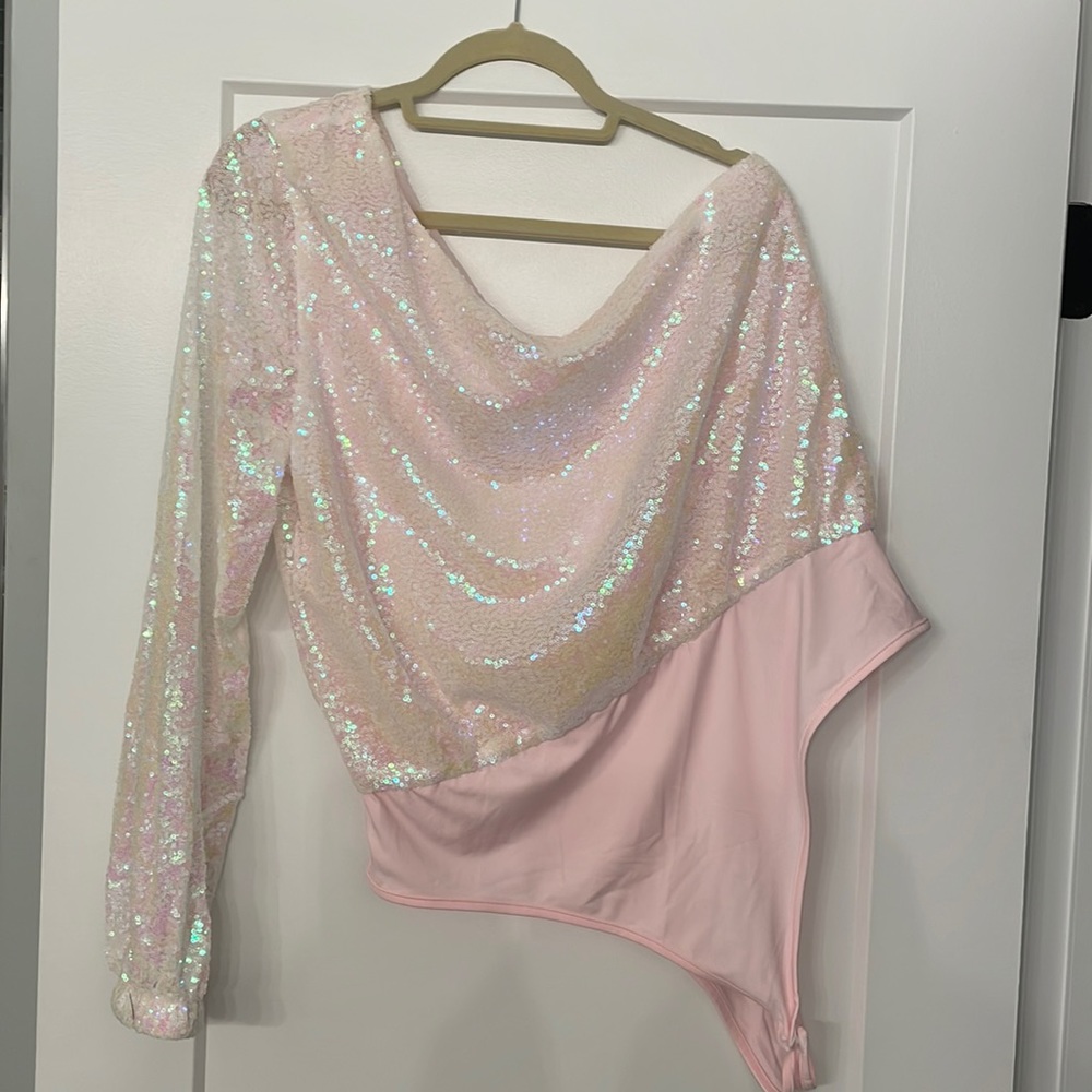 NYE One Shoulder Iridescent Pink Plus Size Bodysuit - Picture 2 of 5